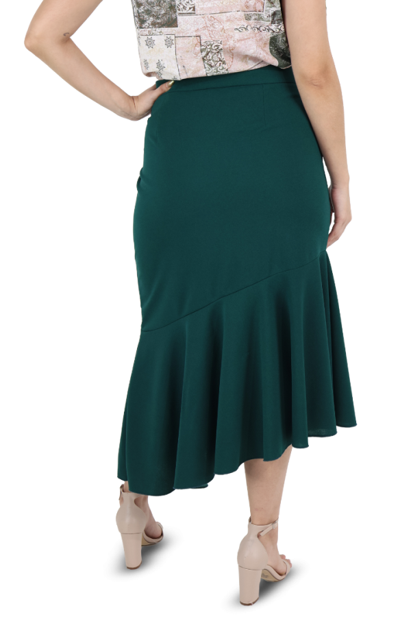 Falda Midi Asimétrica Verde con Olán y Abertura de Botones en Cintura Para Dama